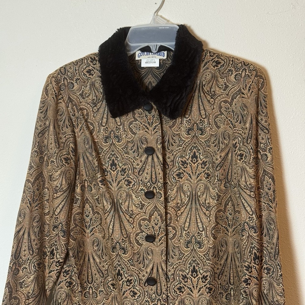 Gotcha Covered Paisley Jacket Women's M Faux Fur Collar Vintage USA tapestry